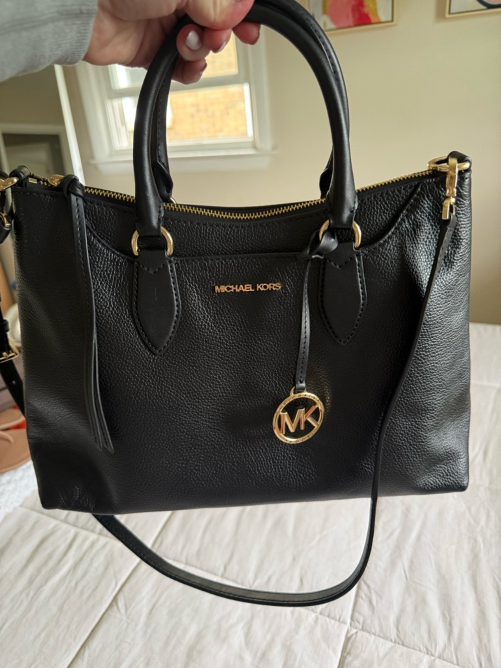 Michael Kors Black Pebbled Leather Satchel with Gold Accents
